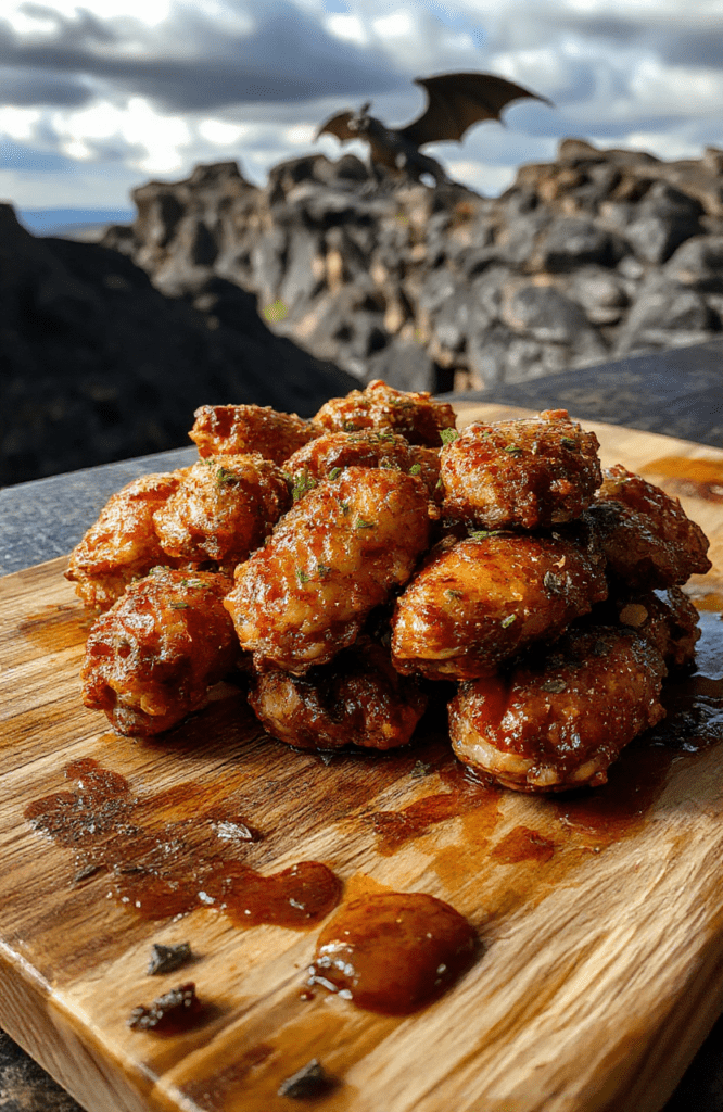 Crispy golden-brown chicken wings smothered in glossy fiery red dragonfire sauce with visible charred edges, glistening with oil, garnished with chopped parsley and a dusting of paprika, served on a rustic wooden board beside a half-drunk stein of honeyed ale and a small ceramic bowl of blue cheese crumbles.