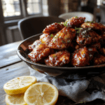 Crispy golden-brown chicken wings glistening with sticky amber honey glaze, arranged on a rustic wooden board with charred lemon wedges, fresh thyme sprigs, and a dusting of flaky sea salt against a soft-focused Targaryen-inspired feast table with candles, metal tankards, and dragon motif embroidery.