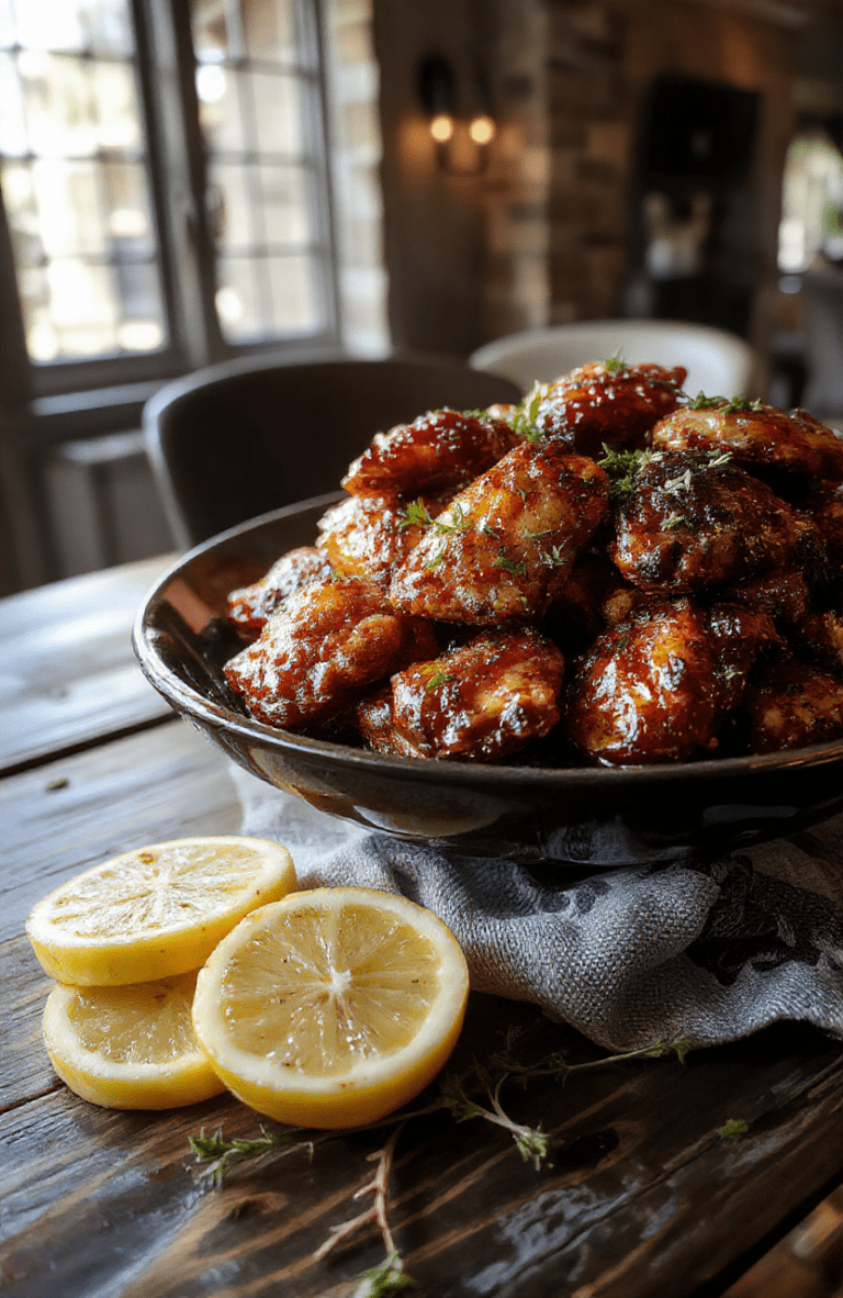 Crispy golden-brown chicken wings glistening with sticky amber honey glaze, arranged on a rustic wooden board with charred lemon wedges, fresh thyme sprigs, and a dusting of flaky sea salt against a soft-focused Targaryen-inspired feast table with candles, metal tankards, and dragon motif embroidery.