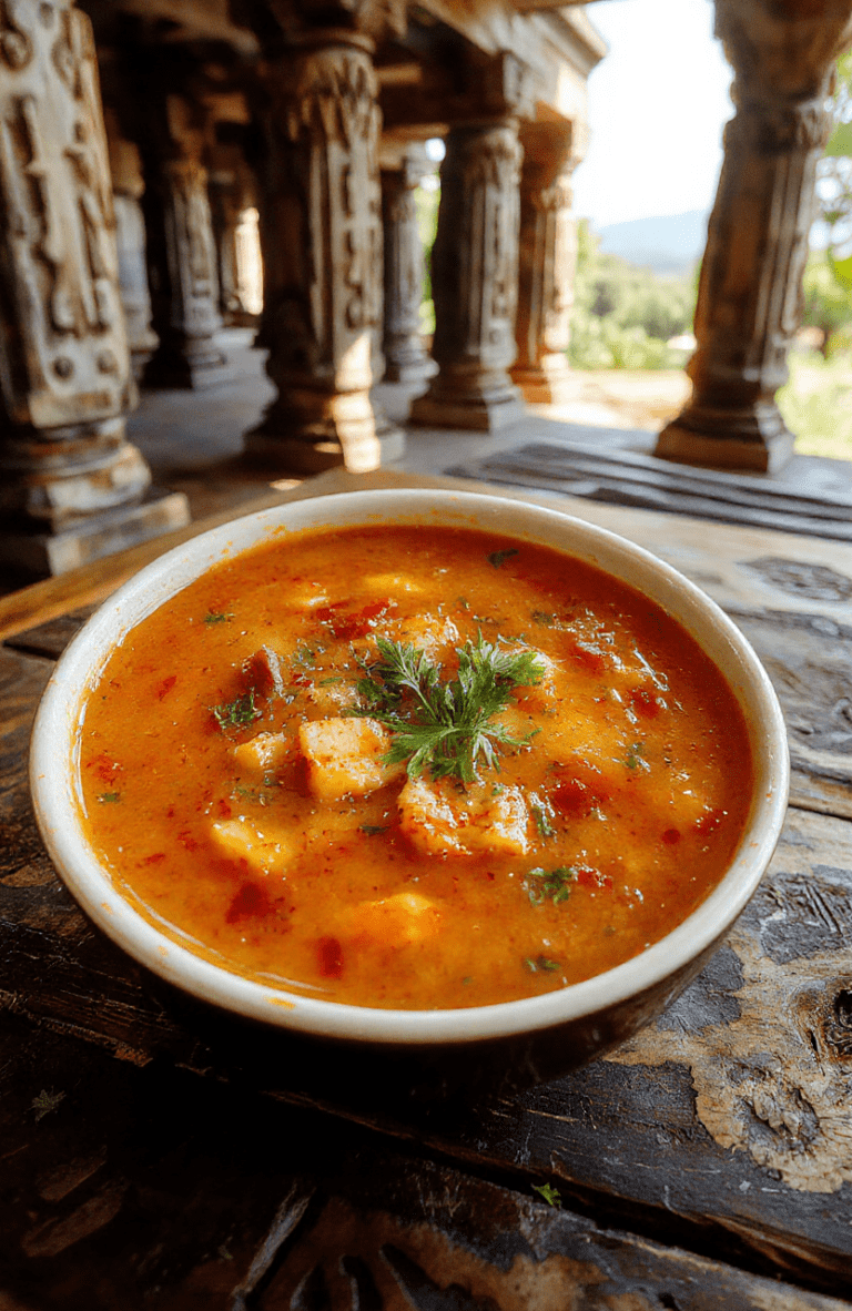 A sleek obsidian-black bowl holding a glossy, deep-purple Indiana Jones Temple of Doom Chilled Soup, garnished with edible gold dust and fresh pomegranate arils, set against a rustic stone·table surface with faint jungle vine motifs in the background. Steam has long dissipated, emphasizing its cold, velvety texture, with a single mint leaf resting artfully on the rim.