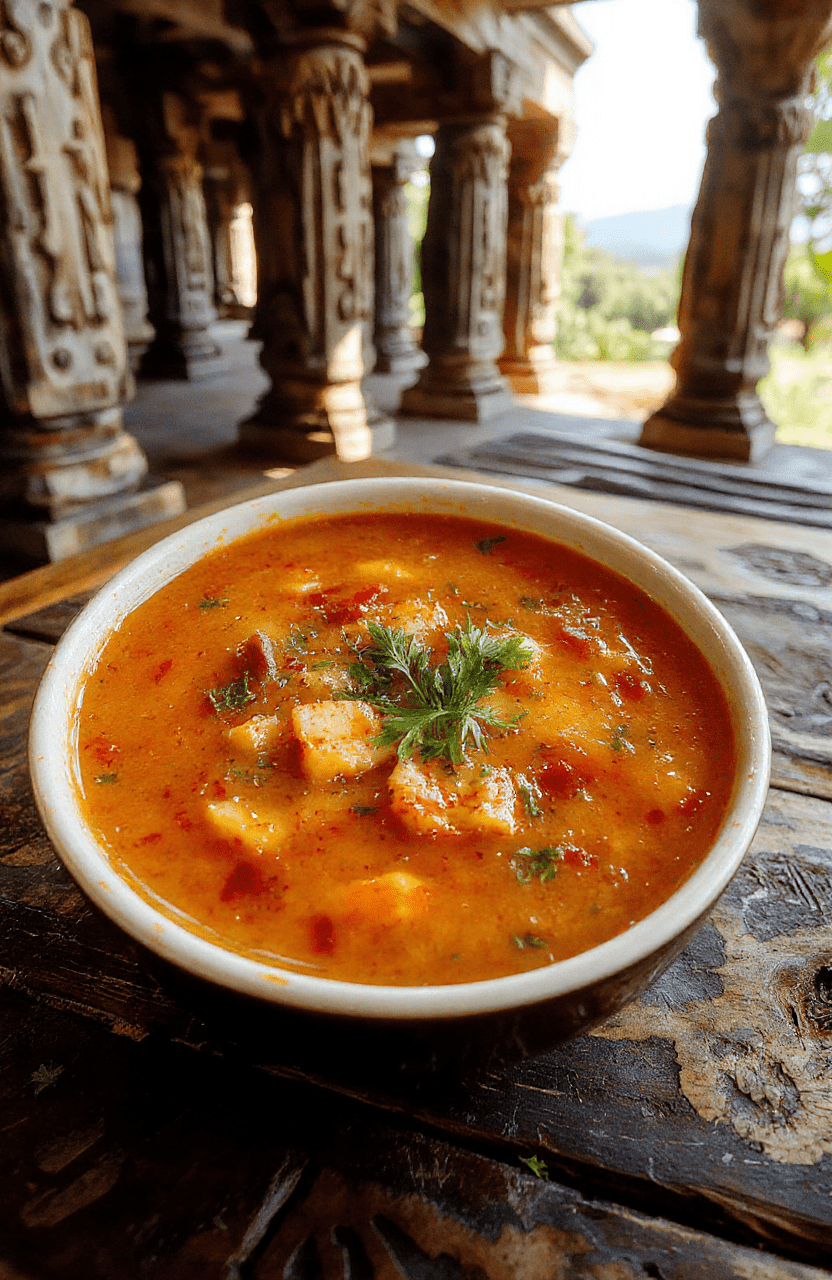 A sleek obsidian-black bowl holding a glossy, deep-purple Indiana Jones Temple of Doom Chilled Soup, garnished with edible gold dust and fresh pomegranate arils, set against a rustic stone·table surface with faint jungle vine motifs in the background. Steam has long dissipated, emphasizing its cold, velvety texture, with a single mint leaf resting artfully on the rim.