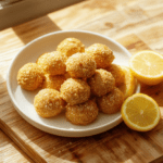 Vibrant yellow lemon turmeric energy balls arranged on a rustic wooden board, dusted with fine turmeric and lemon zest, some rolled in coconut, surrounded by fresh lemon slices, turmeric root, and sprigs of mint against soft natural light.