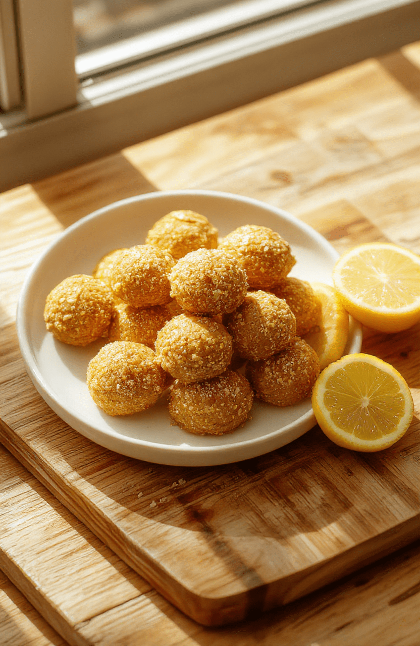 Vibrant yellow lemon turmeric energy balls arranged on a rustic wooden board, dusted with fine turmeric and lemon zest, some rolled in coconut, surrounded by fresh lemon slices, turmeric root, and sprigs of mint against soft natural light.
