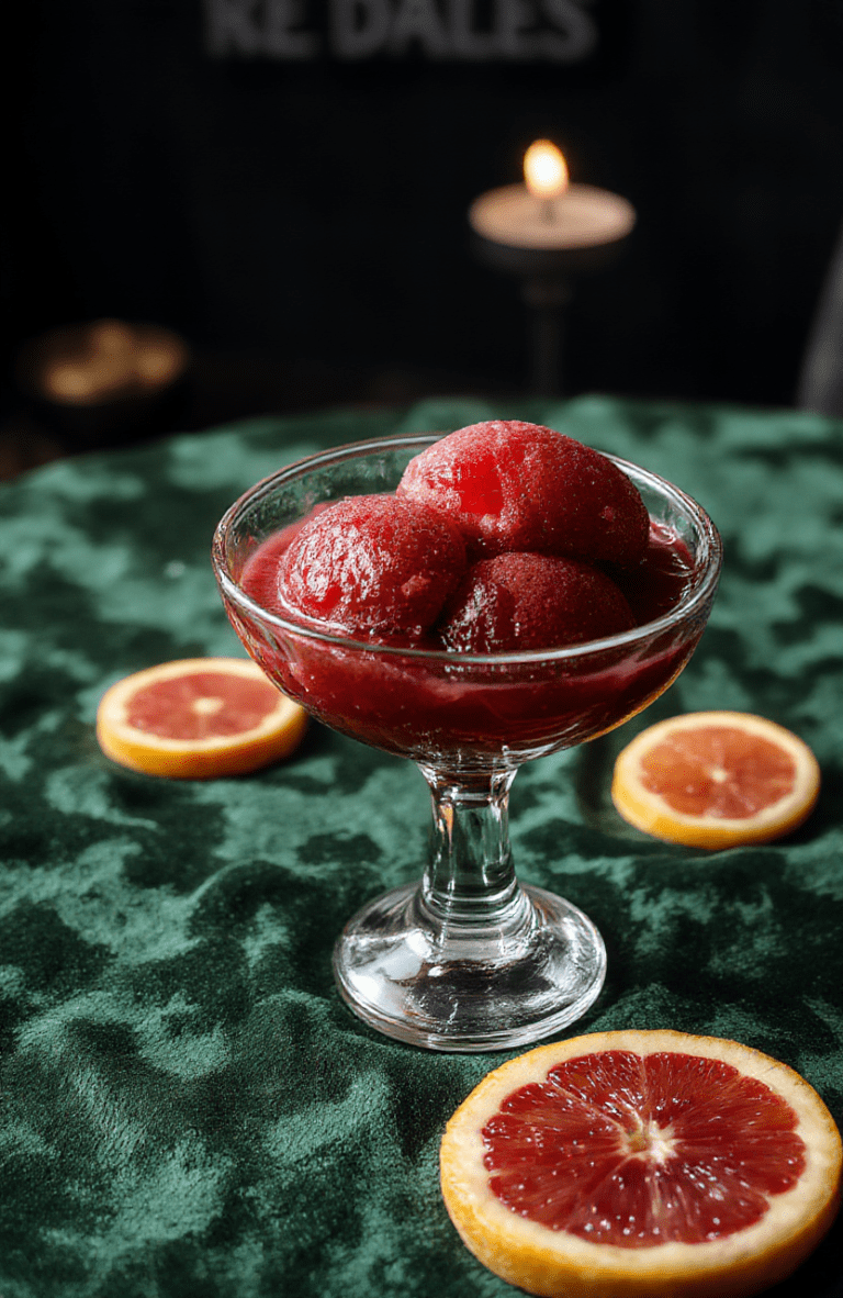 A shallow-rimmed crystal dish holding vibrant crimson-orange blood orange sorbet with a smooth, glossy texture, garnished with a thin blood orange wheel and a dusting of edible gold flakes, placed on a dark velvet napkin beside a vintage mercury glass scoop