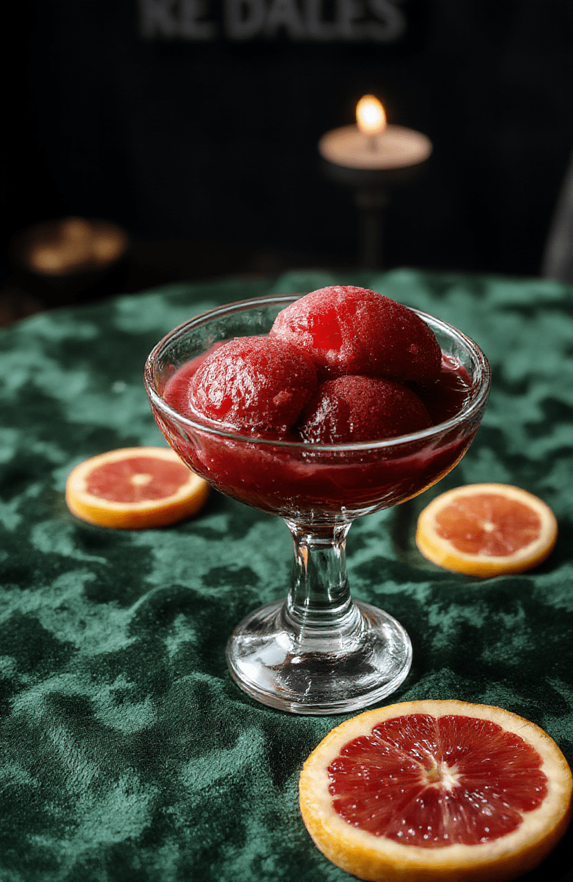 A shallow-rimmed crystal dish holding vibrant crimson-orange blood orange sorbet with a smooth, glossy texture, garnished with a thin blood orange wheel and a dusting of edible gold flakes, placed on a dark velvet napkin beside a vintage mercury glass scoop