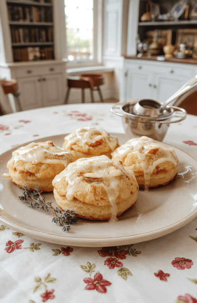 Three delicate pale pink tea cakes with crushed almonds on top, resting on a vintage bone china plate, accompanied by a sprig of fresh rosemary and a delicate sugar-dusted porcelain cup of tea on a lace-trimmed cloth beside a porcelain teapot, natural daylight from a window casting soft shadows, subtle floral and almond textures visible
