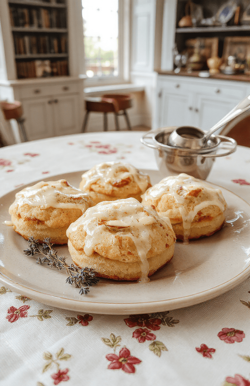 Three delicate pale pink tea cakes with crushed almonds on top, resting on a vintage bone china plate, accompanied by a sprig of fresh rosemary and a delicate sugar-dusted porcelain cup of tea on a lace-trimmed cloth beside a porcelain teapot, natural daylight from a window casting soft shadows, subtle floral and almond textures visible