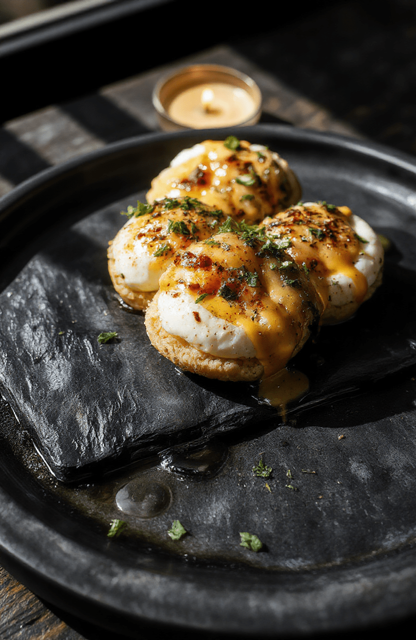 A dramatic, moody egg sandwich on toasted sourdough with runny sunny-side-up eggs, creamy avocado, crispy bacon, and a drizzle of black garlic aioli, placed on a dark slate board with flickering candlelight and shadowy Gotham City skyline reflection in a puddle beside it.