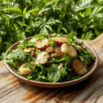 Vibrant Jurassic Park-themed herbivore salad in a wooden bowl, showcasing colorful romaine, red cabbage, shredded carrots, cherry tomatoes, cucumber rounds, avocado slices, and edible flowers, with a side of lemon-herb vinaigrette in a tiny mason jar, sunlight highlighting the fresh textures and natural colors.