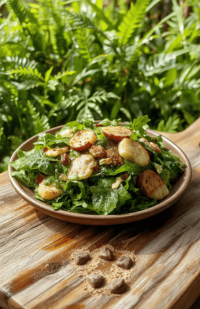 Vibrant Jurassic Park-themed herbivore salad in a wooden bowl, showcasing colorful romaine, red cabbage, shredded carrots, cherry tomatoes, cucumber rounds, avocado slices, and edible flowers, with a side of lemon-herb vinaigrette in a tiny mason jar, sunlight highlighting the fresh textures and natural colors.