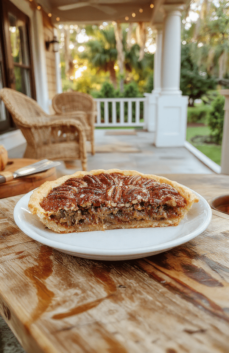 A perfectly golden-brown southern pecan pie with a glossy, slightly cracked surface, nestled on a rustic wooden cutting board. Toasted pecan halves dot the top in a concentric pattern. A dollop of freshly whipped cream melts gently at the edge. Background features soft-focus Southern porch lights and Spanish moss, evoking the film's Louisiana setting.