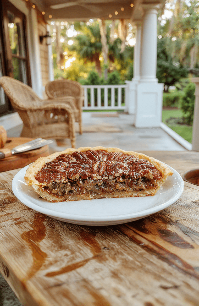 A perfectly golden-brown southern pecan pie with a glossy, slightly cracked surface, nestled on a rustic wooden cutting board. Toasted pecan halves dot the top in a concentric pattern. A dollop of freshly whipped cream melts gently at the edge. Background features soft-focus Southern porch lights and Spanish moss, evoking the film's Louisiana setting.