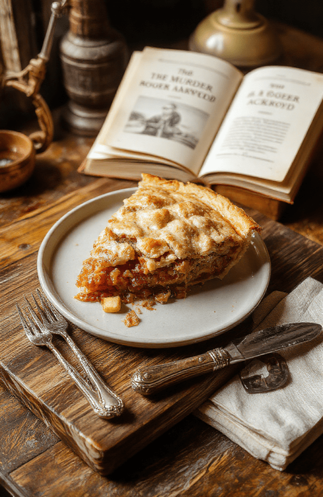 A polished, ornate fruit pie with a intricate lattice-top crust resting on a vintage mahogany cutting board. Raspberry and blackberry filling bubbles gently at the edges, dusted with powdered sugar shaped like a tiny detective lens. The pie is presented mid-cut with a silver pie server lifted mid-slice, dramatic lighting casting sharp shadows. Background: dimly lit library with bookshelves and a magnifying glass resting nearby.