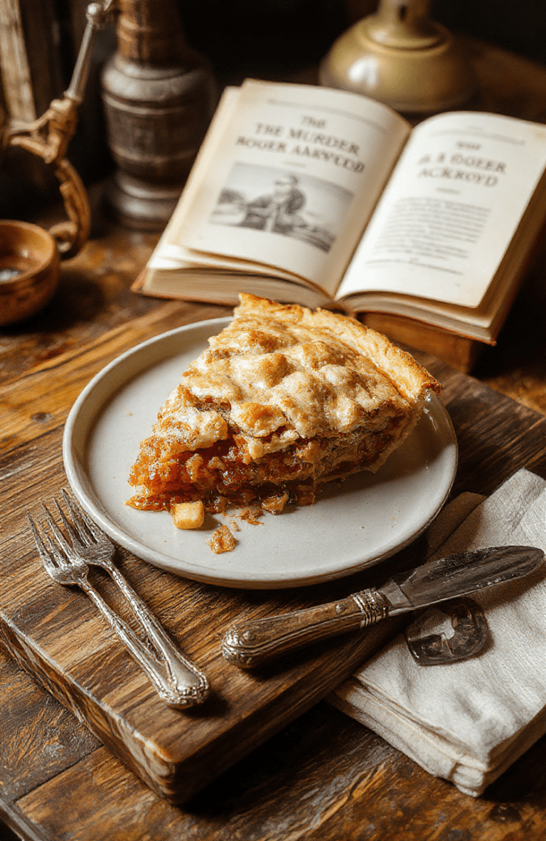 A polished, ornate fruit pie with a intricate lattice-top crust resting on a vintage mahogany cutting board. Raspberry and blackberry filling bubbles gently at the edges, dusted with powdered sugar shaped like a tiny detective lens. The pie is presented mid-cut with a silver pie server lifted mid-slice, dramatic lighting casting sharp shadows. Background: dimly lit library with bookshelves and a magnifying glass resting nearby.