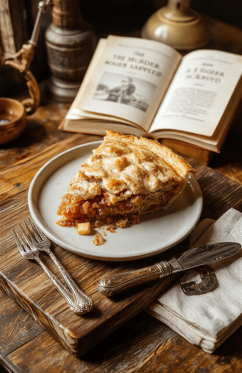A polished, ornate fruit pie with a intricate lattice-top crust resting on a vintage mahogany cutting board. Raspberry and blackberry filling bubbles gently at the edges, dusted with powdered sugar shaped like a tiny detective lens. The pie is presented mid-cut with a silver pie server lifted mid-slice, dramatic lighting casting sharp shadows. Background: dimly lit library with bookshelves and a magnifying glass resting nearby.