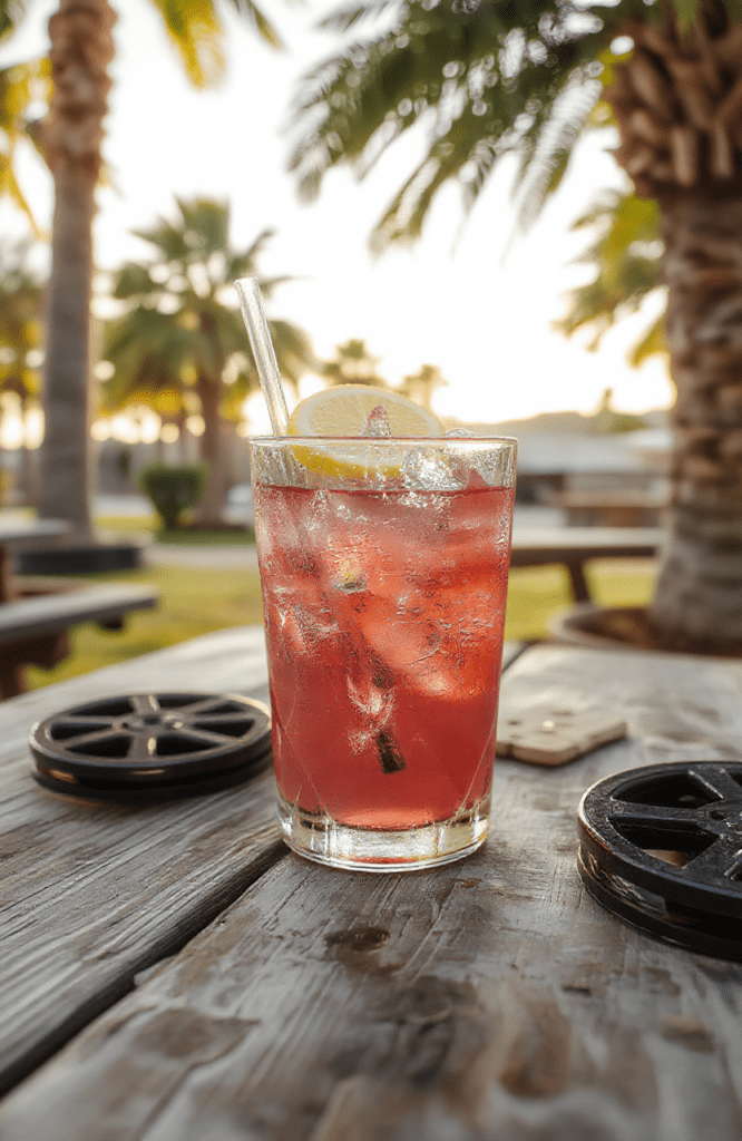 Bright pink lemonade in a tall glass with ice cubes, garnished with lemon slices and a sprig of mint, sitting on a white marble countertop with soft natural sunlight and a blurred-out California backdrop