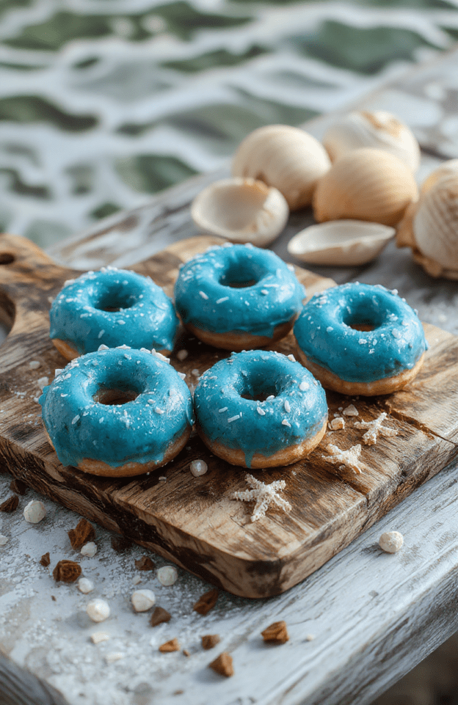 A pair of vibrant blue velvet cake donuts dusted with edible shimmer powder and adorned with iridescent pearl sprinkles, placed on a rustic driftwood cutting board beside a tiny seashell and a sprinkle of sea salt. Soft bubbles and faint coral accents frame the composition, evoking an underwater ambiance. The donuts have a soft, moist crumb and a glossy navy-blue glaze with a hint of purple undertone, glowing under natural daylight.