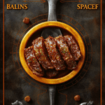 A generous slab of richly glazed spiced beef resting on a rustic wooden board, garnished with fresh rosemary sprigs and cracked black peppercorns, with steaming edges and visible spice crust, set against a dark stone surface with subtle elven-script etching in the background, soft daylight casting gentle shadows.