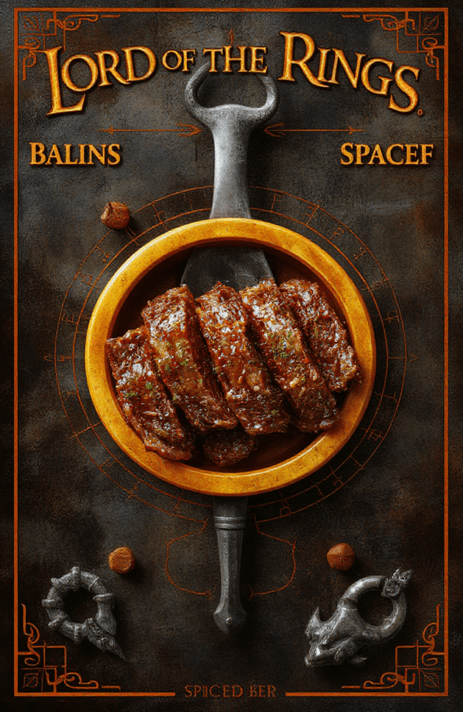 A generous slab of richly glazed spiced beef resting on a rustic wooden board, garnished with fresh rosemary sprigs and cracked black peppercorns, with steaming edges and visible spice crust, set against a dark stone surface with subtle elven-script etching in the background, soft daylight casting gentle shadows.