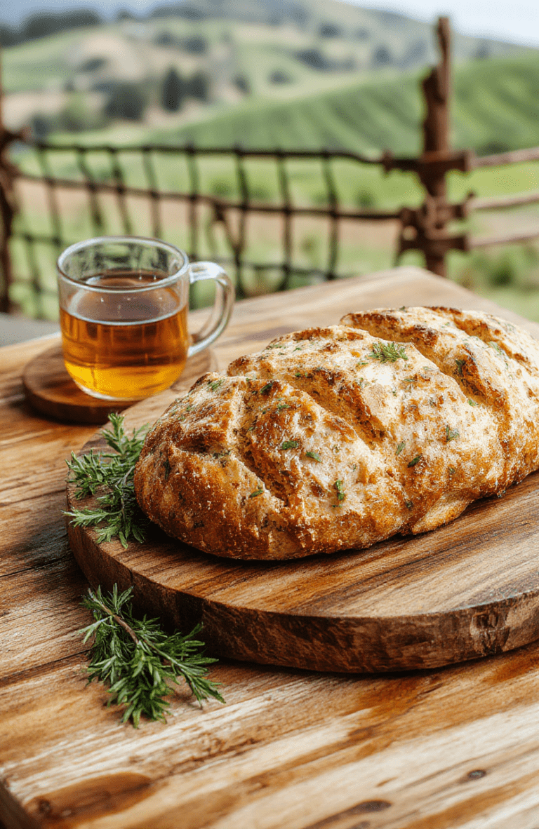 A rustic, golden-brown loaf of herb bread with visible seeds and fresh rosemary sprigs on top, resting on a weathered wooden cutting board in soft morning light. Crumb isairy andopen, with flecks of garlic and thyme scattered throughout.
