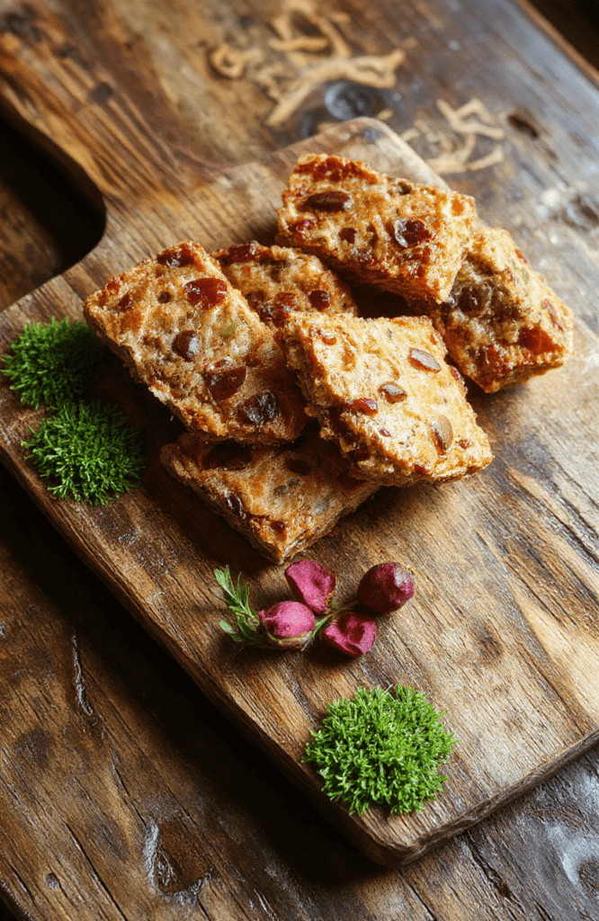 Golden-brown lembas bread bars on a rustic wooden board, dusted with powdered sugar and topped with edible gold flakes, nestled among dried berries, acorn props, and parchment paper. Soft daylight highlights the honey glaze and nutty texture.