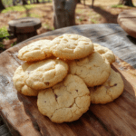 A batch of golden-brown, circular lembas bread cookies on a rustic wooden cutting board, dusted lightly with powdered sugar, featuring visible oats, honey glaze sheen, and dried fruit pieces like raisins and chopped apricots. Soft natural light casts gentle shadows, enhancing the earthy tones and textures of the cookies. Minimalist backdrop with faint forest green and parchment textures.