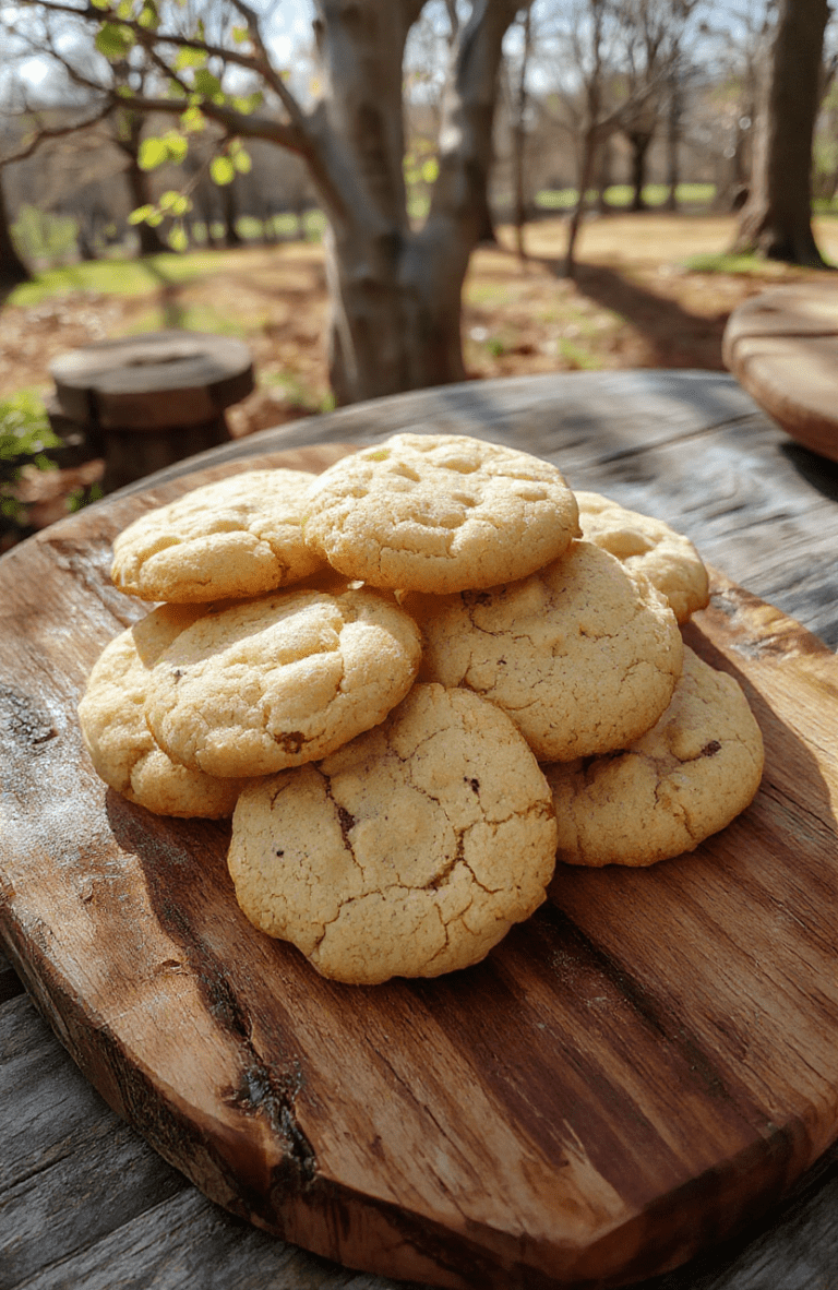 A batch of golden-brown, circular lembas bread cookies on a rustic wooden cutting board, dusted lightly with powdered sugar, featuring visible oats, honey glaze sheen, and dried fruit pieces like raisins and chopped apricots. Soft natural light casts gentle shadows, enhancing the earthy tones and textures of the cookies. Minimalist backdrop with faint forest green and parchment textures.
