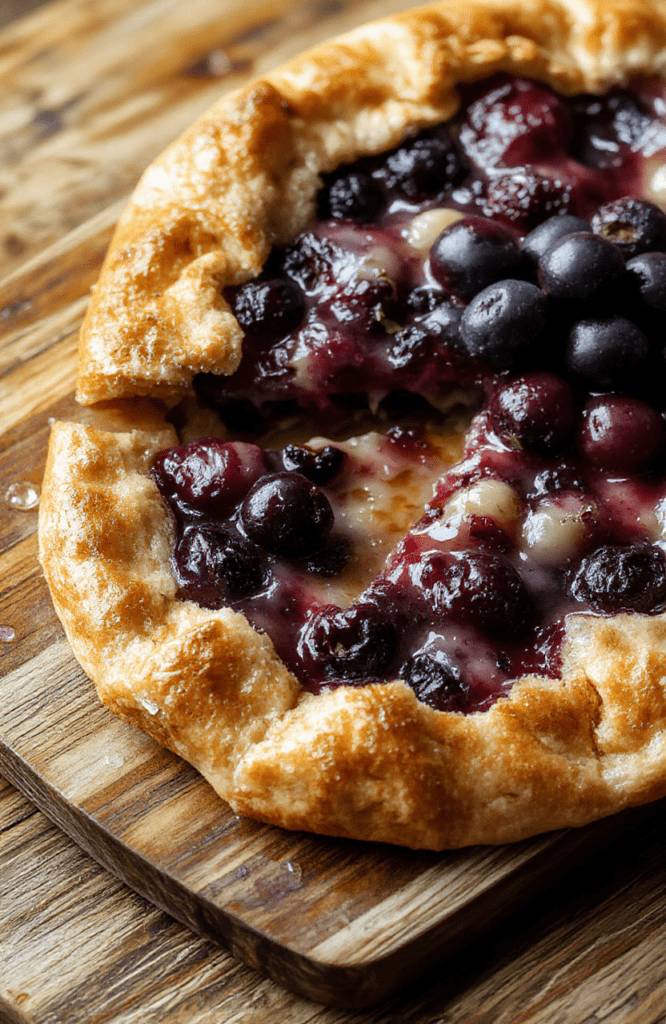 Rustic blueberry galette with flaky golden crust, fresh blueberries bubbling at the edges, served on a wooden board beside a small ceramic bowl of honey and wild thyme sprigs, under soft natural daylight with muted green forest backdrop