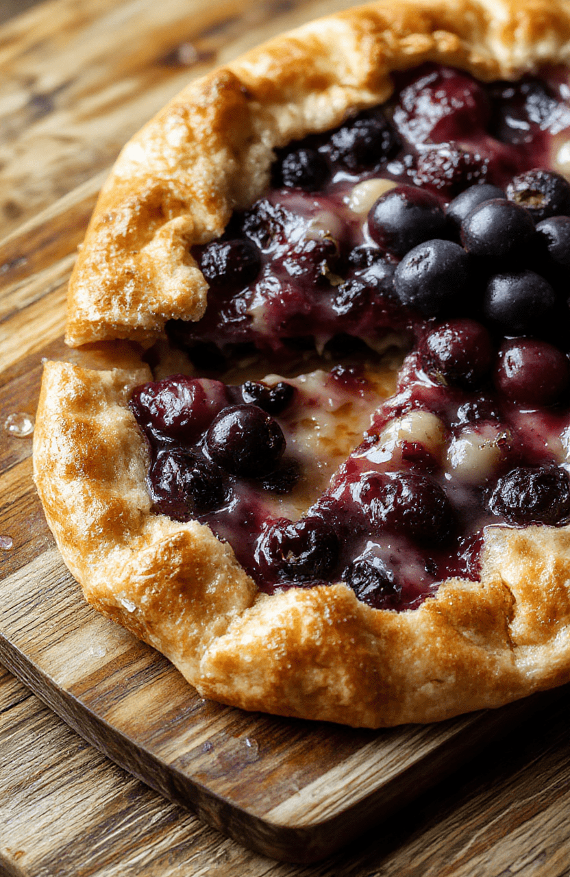 Rustic blueberry galette with flaky golden crust, fresh blueberries bubbling at the edges, served on a wooden board beside a small ceramic bowl of honey and wild thyme sprigs, under soft natural daylight with muted green forest backdrop