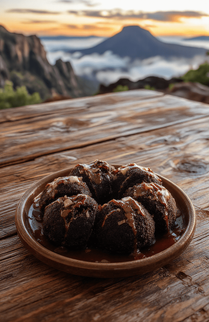 Dark, glossy chocolate cakes with molten dark chocolate centers oozing onto a rustic wooden board, dusted with edible gold flakes and blackberry coulis, resembling volcanic flow, with smokedsea salt crystals and fresh mint leaves for contrast, captured in soft natural light.