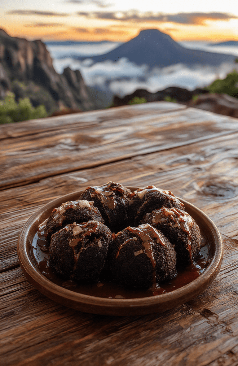 Dark, glossy chocolate cakes with molten dark chocolate centers oozing onto a rustic wooden board, dusted with edible gold flakes and blackberry coulis, resembling volcanic flow, with smokedsea salt crystals and fresh mint leaves for contrast, captured in soft natural light.