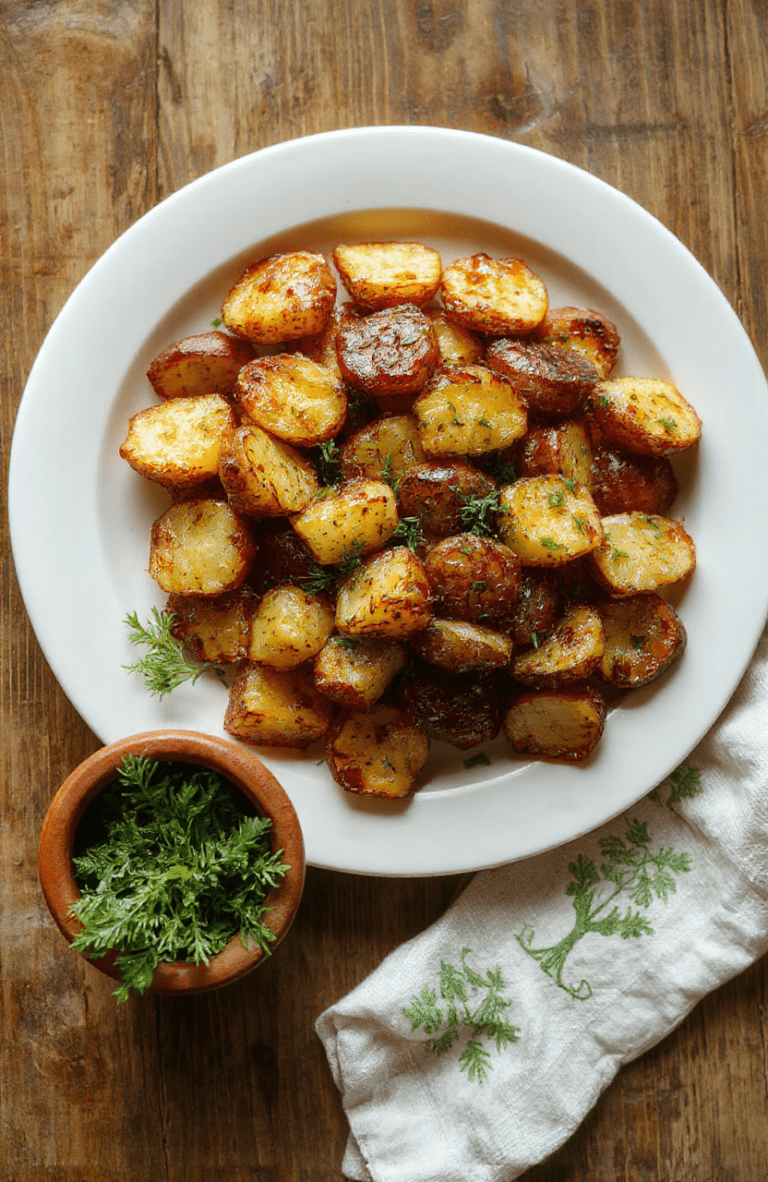Golden-brown roasted potatoes with crispy edges and tender centers, tossed in olive oil, rosemary, and garlic, served in a rustic wooden bowl on a weathered wooden table, with a sprig of fresh thyme and a scattering of flaky sea salt, warm earthy tones and soft natural lighting create a cozy, cinematic hobbit-influenced setting.
