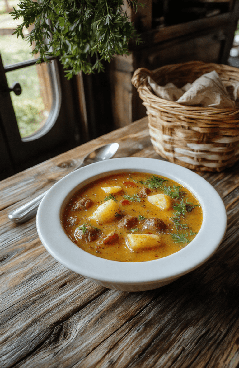 Steaming bowl of hearty shire harvest soup in a rustic ceramic bowl, filled with tender root vegetables, barley, potatoes, leeks, and green herbs, garnished with fresh parsley, placed on a weathered wooden board with a soft linen napkin, golden daylight, cozy hobbit-hole setting, shallow depth of field, warm tones, realistic textures, no text overlay.