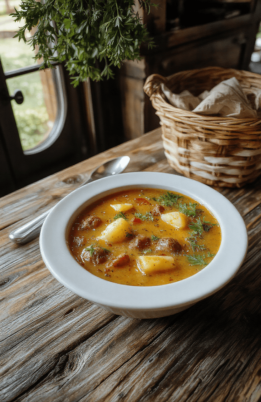 Steaming bowl of hearty shire harvest soup in a rustic ceramic bowl, filled with tender root vegetables, barley, potatoes, leeks, and green herbs, garnished with fresh parsley, placed on a weathered wooden board with a soft linen napkin, golden daylight, cozy hobbit-hole setting, shallow depth of field, warm tones, realistic textures, no text overlay.