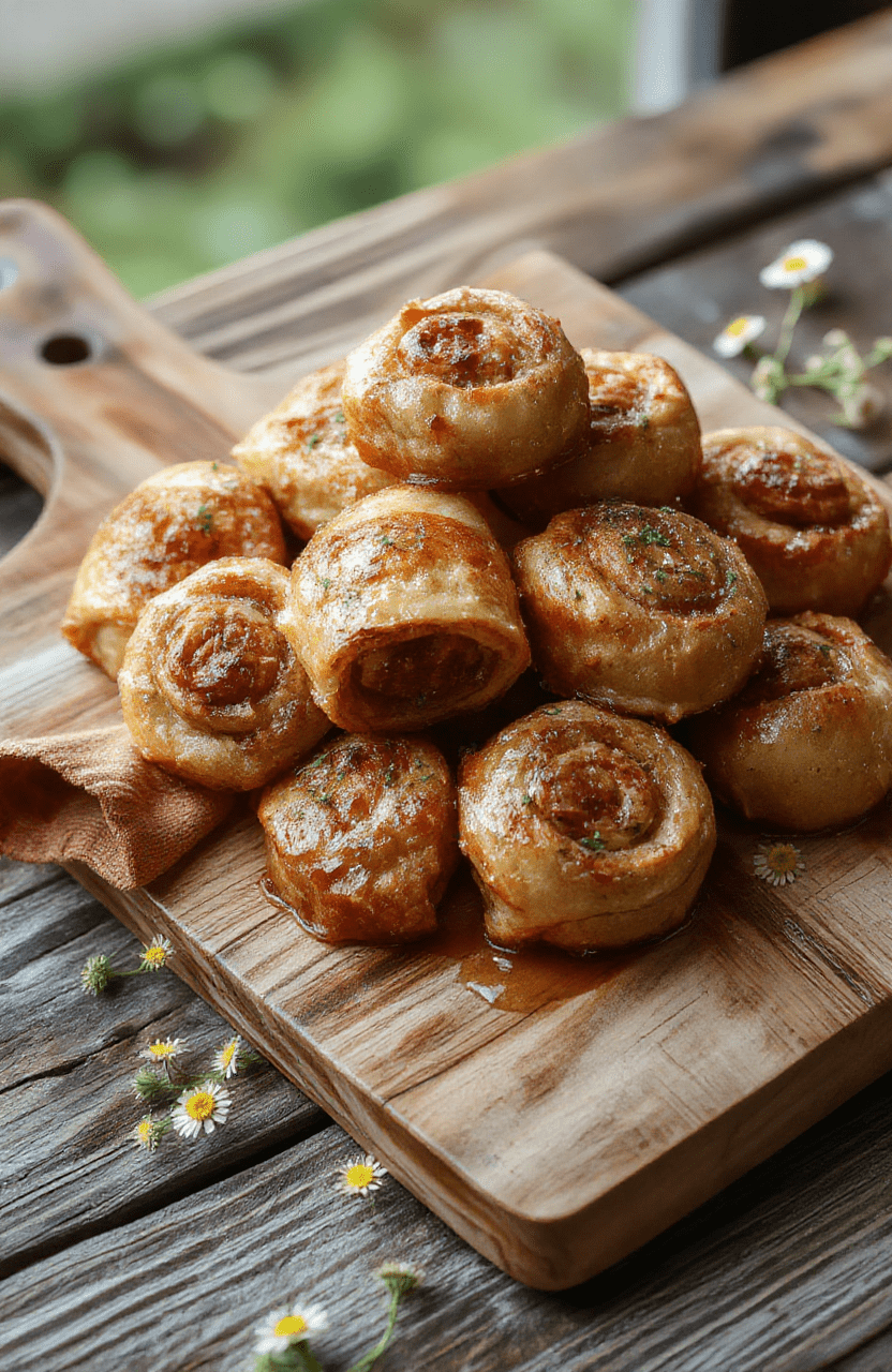 Golden-brown, flaky puff pastry sausage rolls nestled on a rustic wooden board, dusted with paprika and chopped parsley, accompanied by smoky tomato ketchup in a small ceramic pot and a sprig of rosemary. Soft natural light highlights the crisp, layered pastry and juicy meat filling peeking from the open ends.