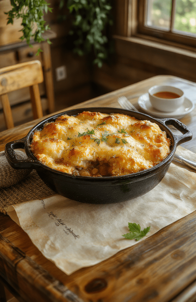 A rustic, steaming shepherd's pie in acast iron skillet on a wooden farmhouse table with fresh rosemary sprigs and cracked black pepper, topped with golden fluffy mashed potatoes over a rich filling of lamb, onions, carrots, peas, and tomato-free gravy, garnished with thyme, in soft natural light with rustic parchment and a wax seal nearby.
