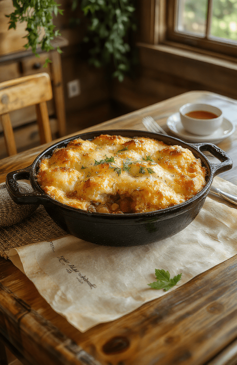 A rustic, steaming shepherd's pie in acast iron skillet on a wooden farmhouse table with fresh rosemary sprigs and cracked black pepper, topped with golden fluffy mashed potatoes over a rich filling of lamb, onions, carrots, peas, and tomato-free gravy, garnished with thyme, in soft natural light with rustic parchment and a wax seal nearby.