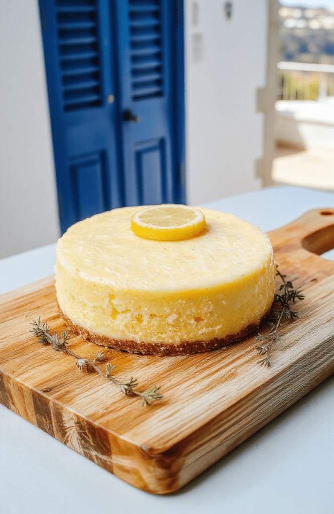 A rustic golden-yellow lemon cake on a white ceramic plate, dusted with powdered sugar, sits on a sun-drenched olive wood board beside a sprig of fresh rosemary and a sliced lemon. Soft sunlight highlights the cake's tender crumb and lightly caramelized top.
