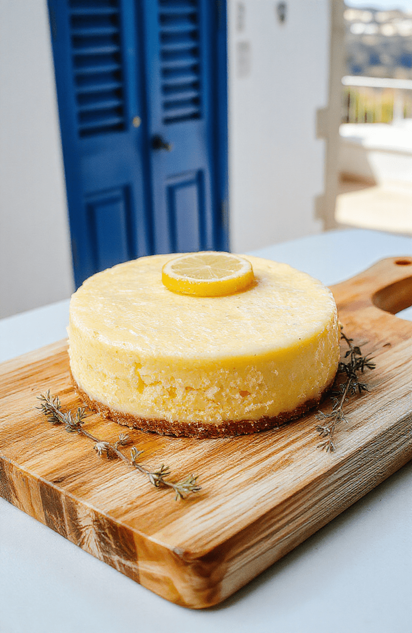 A rustic golden-yellow lemon cake on a white ceramic plate, dusted with powdered sugar, sits on a sun-drenched olive wood board beside a sprig of fresh rosemary and a sliced lemon. Soft sunlight highlights the cake's tender crumb and lightly caramelized top.