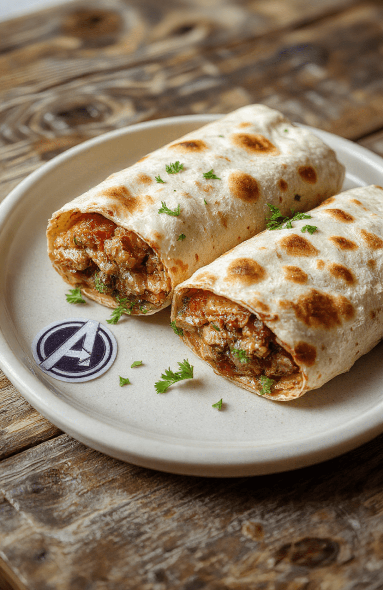 Colorful Marvel Avengers Shawarma Wraps wrapped in parchment paper with a golden-brown crispy tortilla shell peeking out, filled with juicy grilled chicken strips, fresh lettuce, tomatoes, red onions, tzatziki sauce, and a hint of garlic aioli, garnished with fresh parsley and a small Avengers shield sticker on the side.