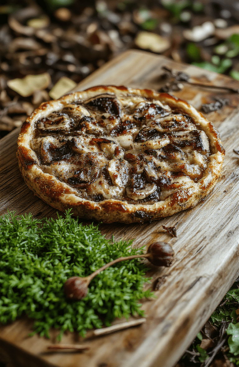 A rustic free-form tart with golden-brown puff pastry, filled with sautéed wild mushrooms, shredded red and green cabbage, caramelized onions, and fresh thyme, garnished with edible flowers and cracked black pepper, on a weathered wooden board in dappled forest light.