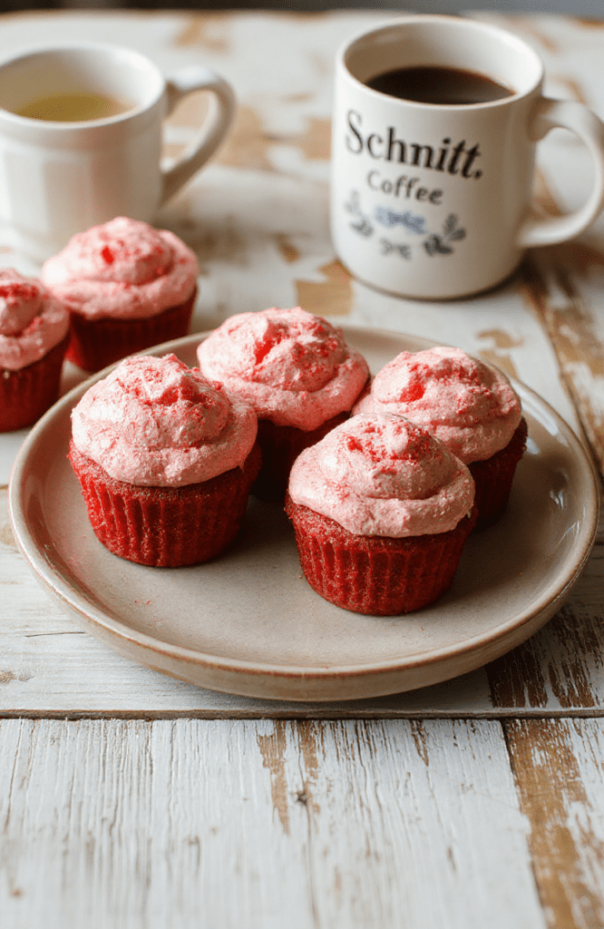 Two vibrant pink velvet cupcakes with creamy pink frosting, topped with red velvet crumble and a fresh raspberry, placed on a rustic wooden board with subtle coffee stains and a retro 2000s sitcom vibe.