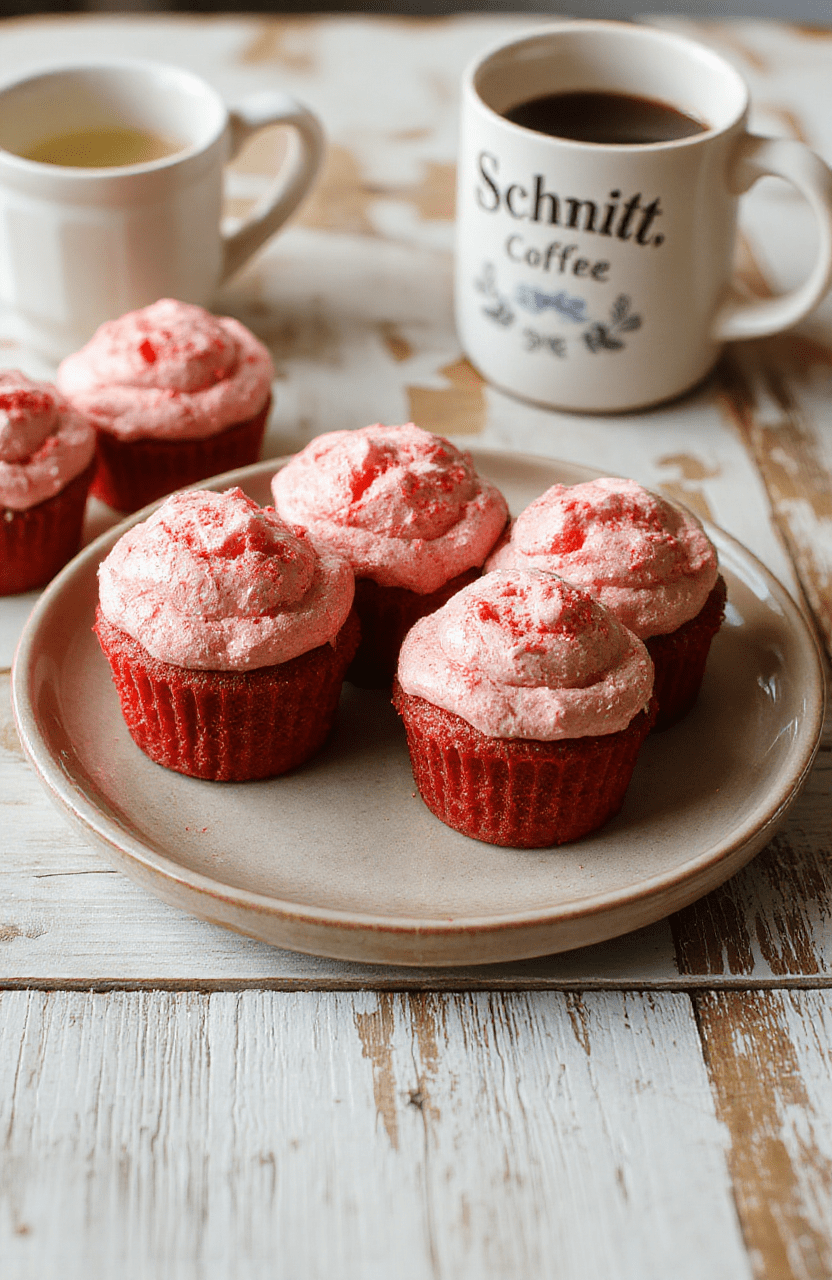 Two vibrant pink velvet cupcakes with creamy pink frosting, topped with red velvet crumble and a fresh raspberry, placed on a rustic wooden board with subtle coffee stains and a retro 2000s sitcom vibe.