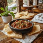 Colorful chunky salsa in a rustic ceramic bowl on a warm wood table, with vibrant red tomatoes, green jalapeños, white onion, purple cilantro, and lime wedges visible. Bright sunlight highlights the textures and fresh ingredients. Salsa has a glossy, glossy semi-viscous texture with visible chunks. Background out of focus with hints of a cozy kitchen.