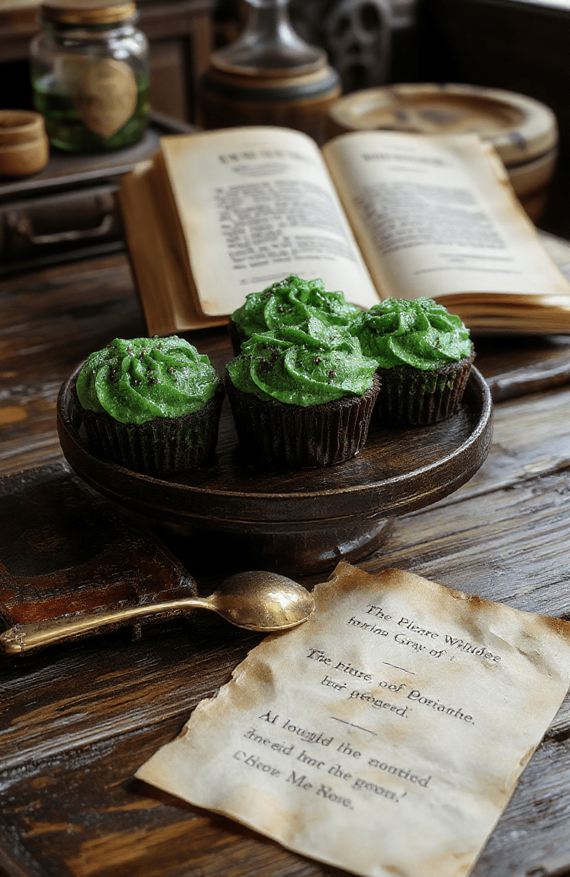 Two vibrant emerald-green cupcakes on a vintage lace doily, each topped with a delicate swirl of chartreuse buttercream and a single maraschino cherry, dusted with edible silver sparkles and surrounded by faint emerald smoke wisps evoking absinthe's mystical aura, on a dark wood table beside an antique brass absinthe fountain and open book with 'Salomé' visible.