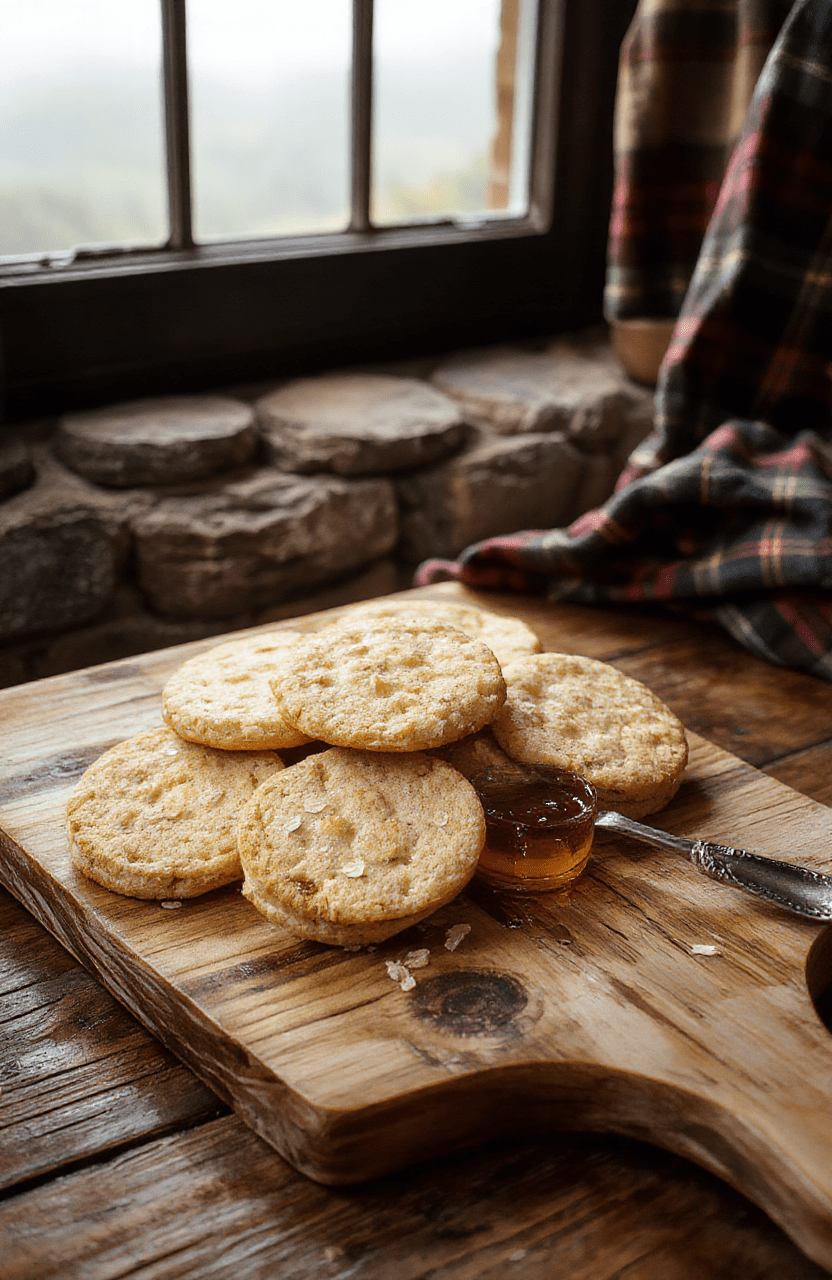 Two rustic, golden-brown Scottish oatcakes resting on a weathered wooden board, drizzled with amber honey and garnished with flaky sea salt and toasted oats, steam rising gently, soft natural light, shallow depth of field, earthy forest background blurred behind