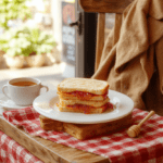 Two homemade white bread sandwiches filled with vibrant orange marmalade, slightly oozy at the edges, dusted with powdered sugar, resting on a rustic wooden board beside a small jar of jam and a teacup, soft natural light, cozy British tea party aesthetic.