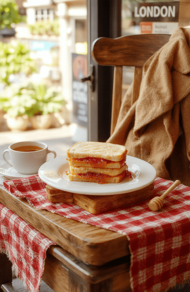 Two homemade white bread sandwiches filled with vibrant orange marmalade, slightly oozy at the edges, dusted with powdered sugar, resting on a rustic wooden board beside a small jar of jam and a teacup, soft natural light, cozy British tea party aesthetic.