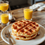 Golden-brown, thick Belgian waffles with deep pockets, drizzled with maple syrup and topped with fresh blueberries, whipped cream, and a dusting of powdered sugar, sits on a rustic wooden board beside a steaming mug of coffee and a bowl of mixed berries.