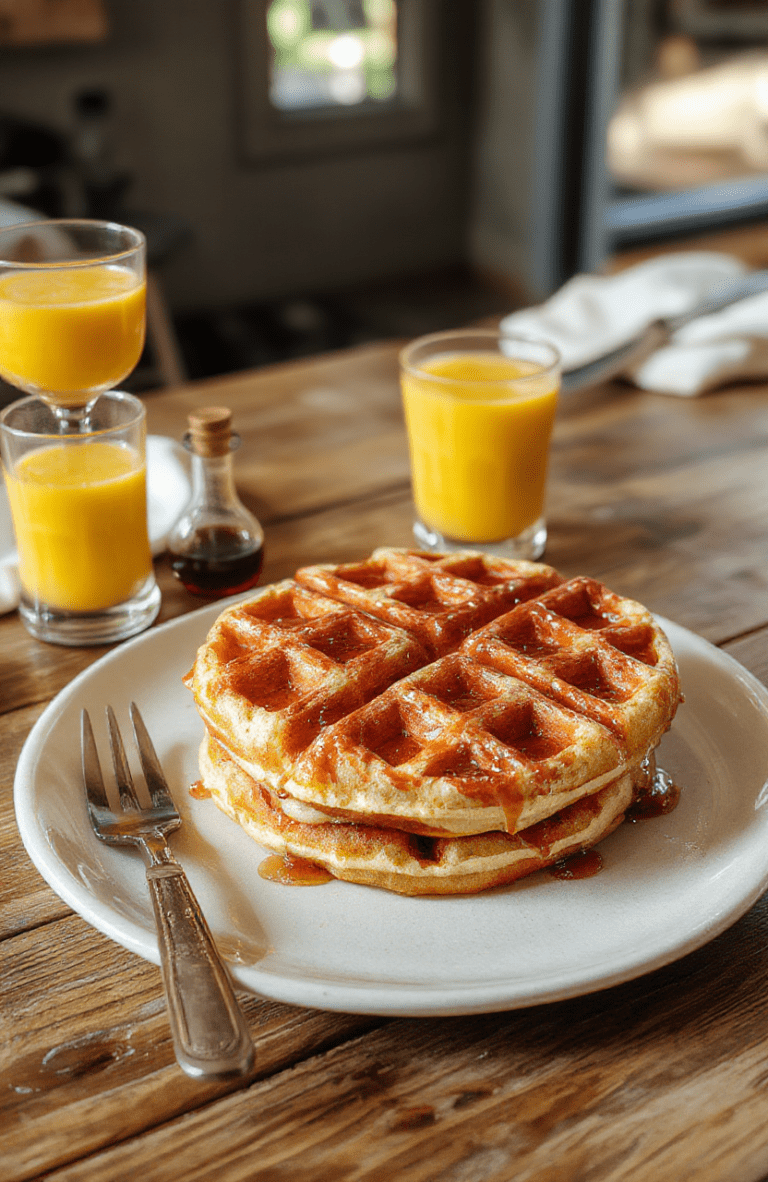 Golden-brown, thick Belgian waffles with deep pockets, drizzled with maple syrup and topped with fresh blueberries, whipped cream, and a dusting of powdered sugar, sits on a rustic wooden board beside a steaming mug of coffee and a bowl of mixed berries.